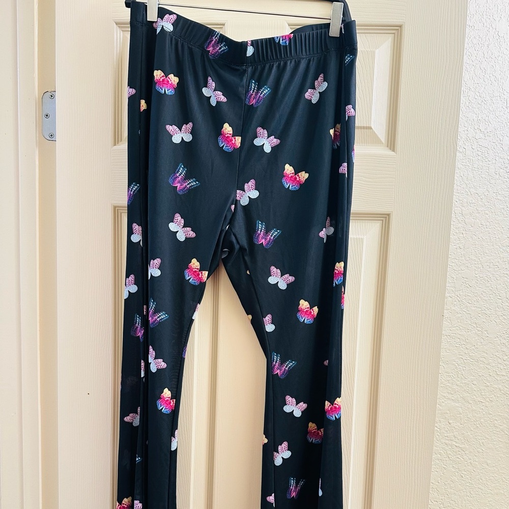 Forever 21 Sheer Black Flare Pant with Vibrant Butterfly Design